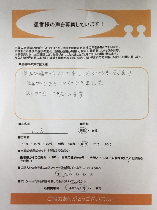その他の患者様の声 - 四日市市で肩こり・腰痛に強い ふじた針灸